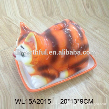 Lovely cat shaped ceramic bread plates,ceramic butter dishes with lids